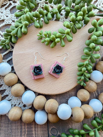 Pink Book Black Flower Clay Dangle Earrings