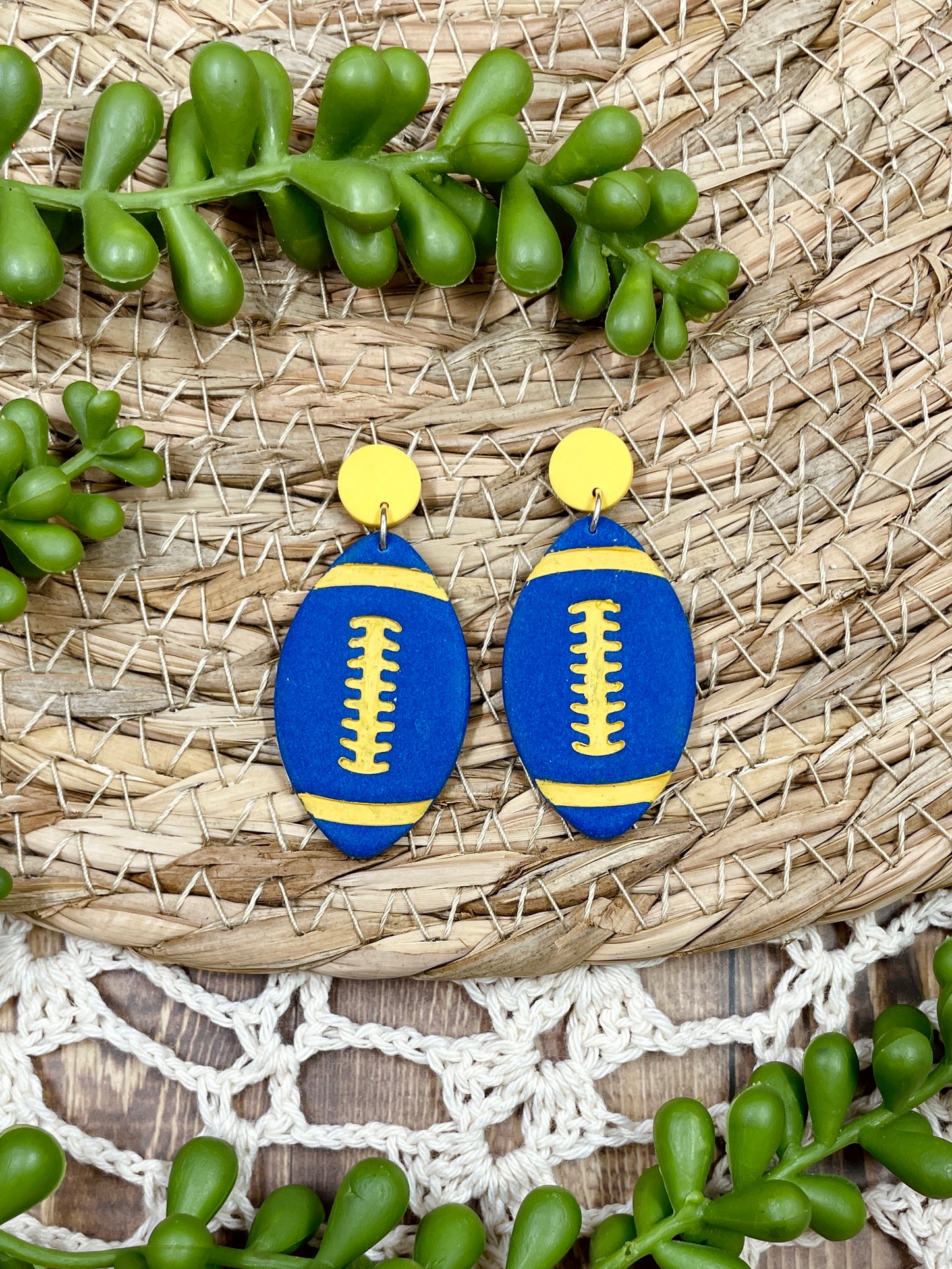 Blue and Yellow Cheer & Football Clay Earrings