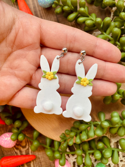 White Bunny Clay Dangle Earrings
