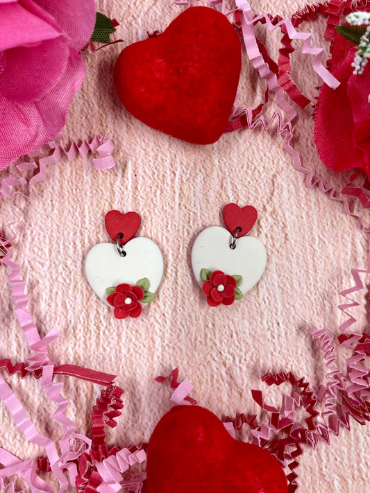 Floral Heart Clay Dangle Earrings