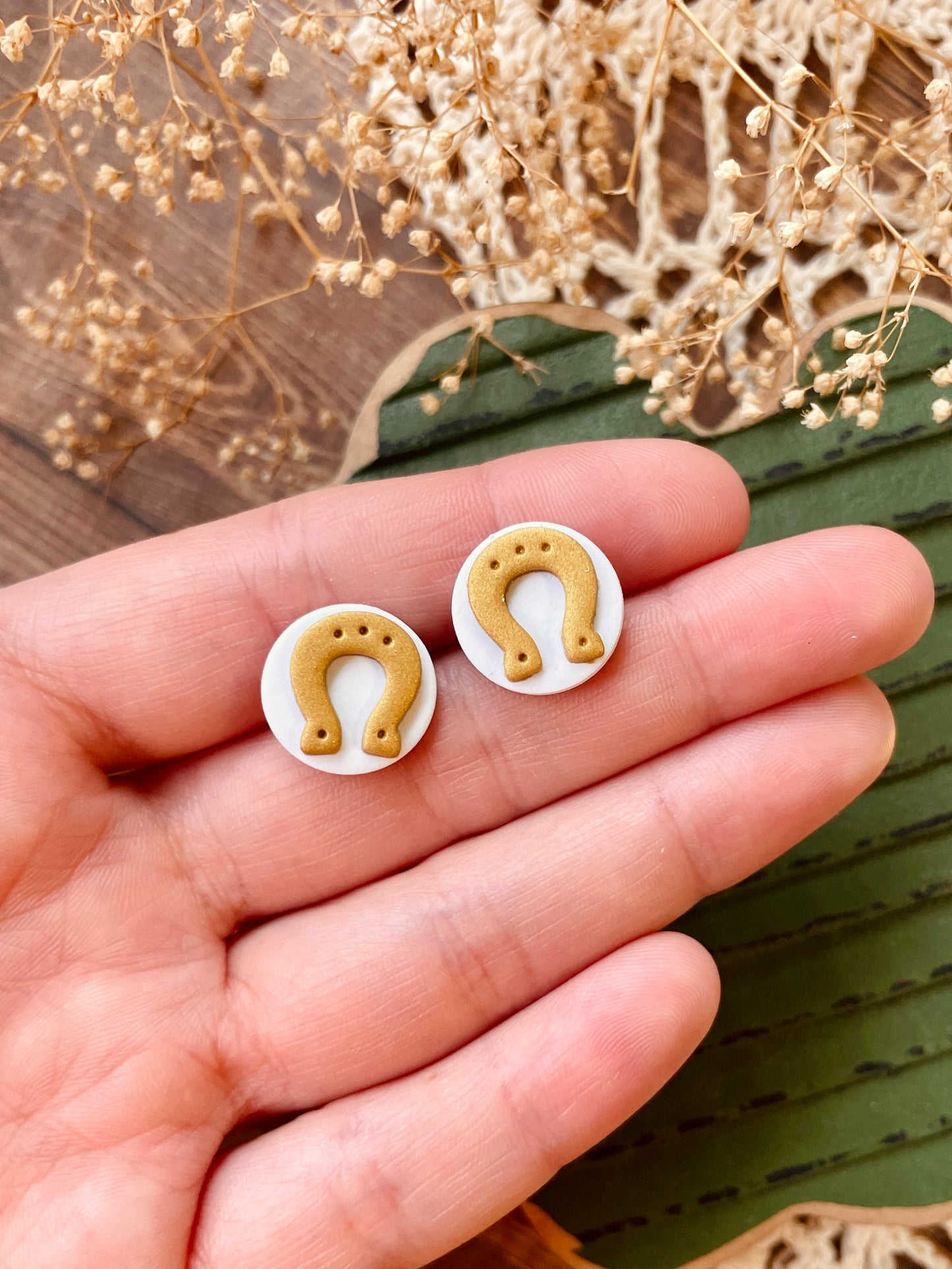 Gold Horseshoe Clay Stud Earrings