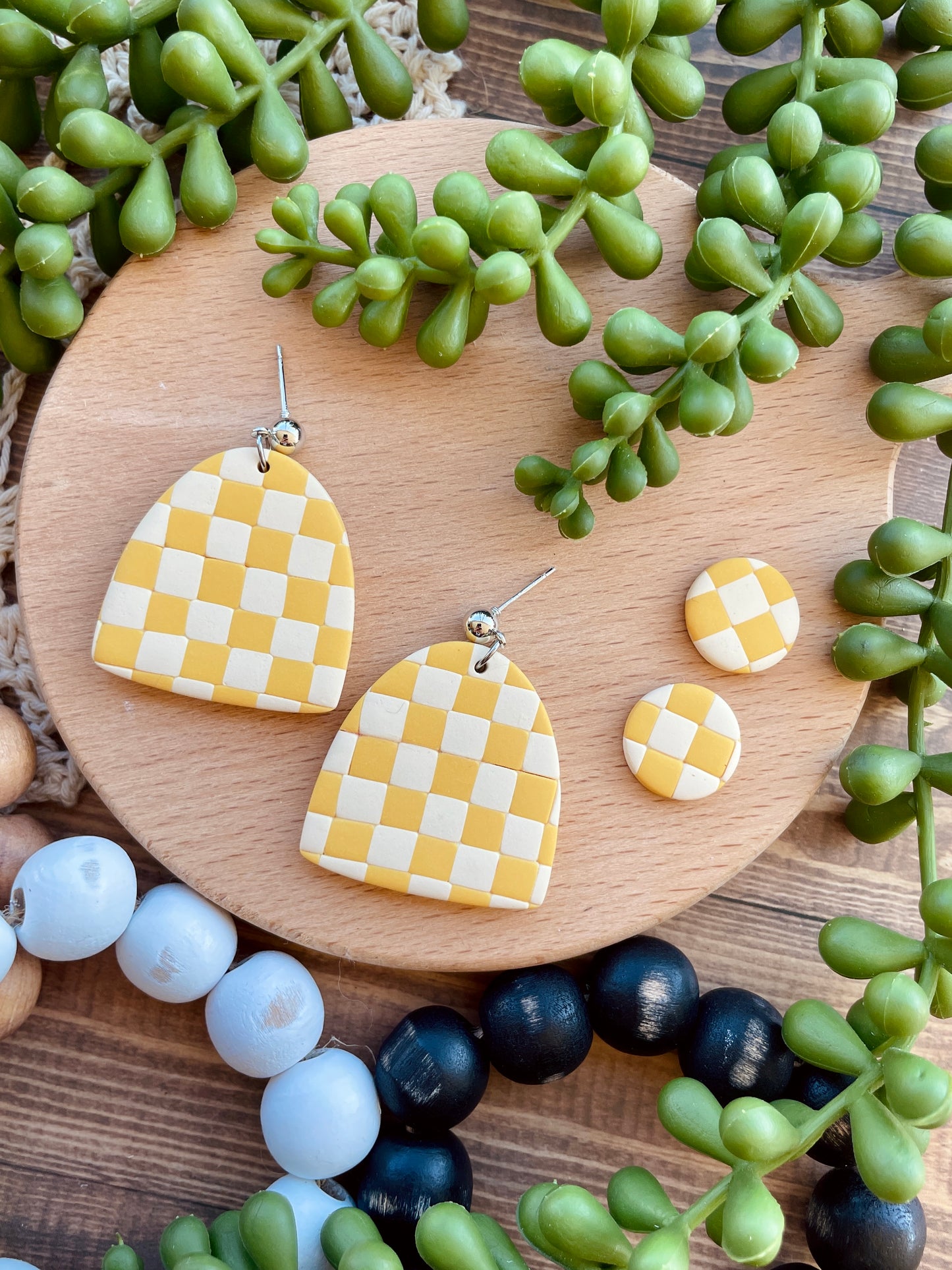 Cinnamon or Yellow Checkered Clay Stud Earrings