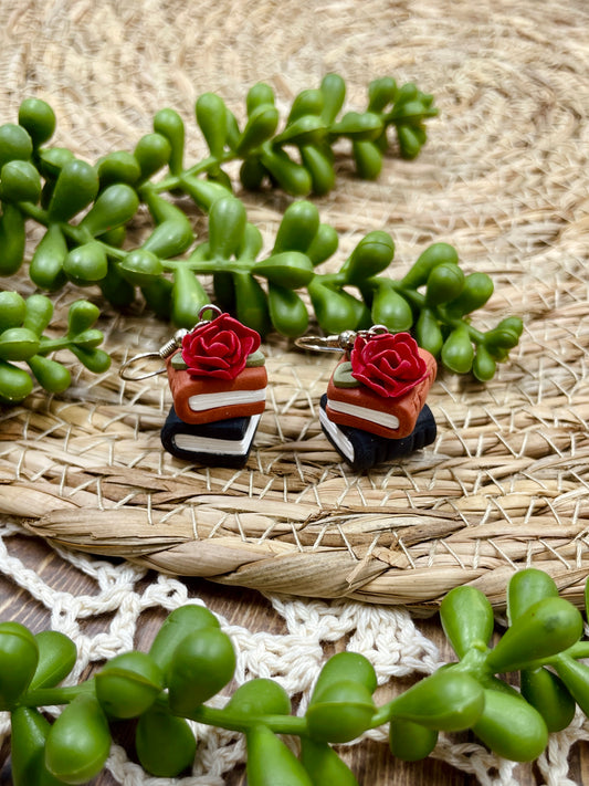 Book Stack with Red Rose Clay Dangle Earrings