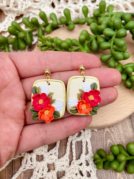 Rounded Square Florals with Gold Trim Dangle Earrings